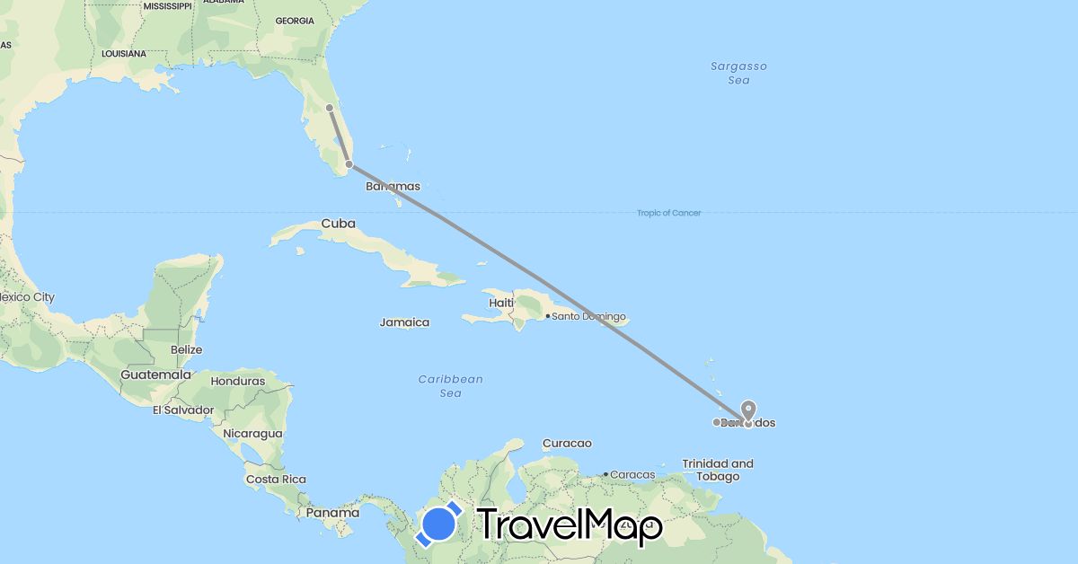 TravelMap itinerary: plane in Barbados, United States, Saint Vincent and the Grenadines (North America)